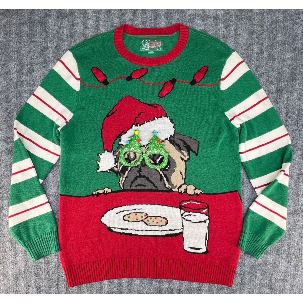 Ugly Christmas Sweater Pug Dog Women XL Green Red Good Holiday Party 3D Glasses